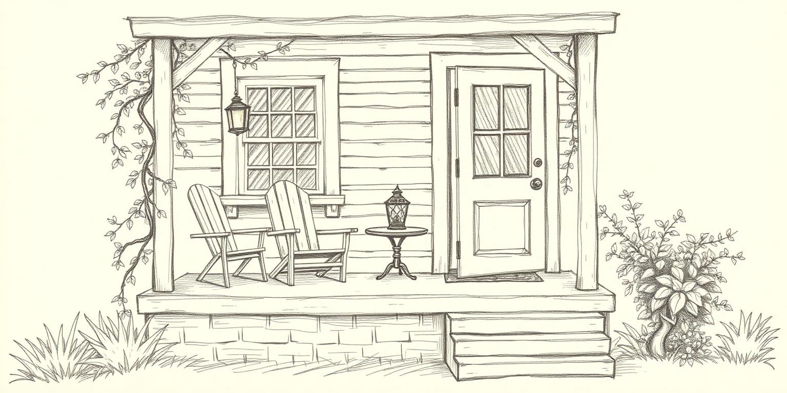 A pencil sketch of a cottage porch with a glowing lamp and the door left ajar